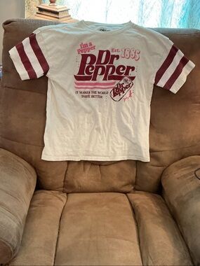Dr Pepper Graphic Tee in White with Pink and Maroon Logo